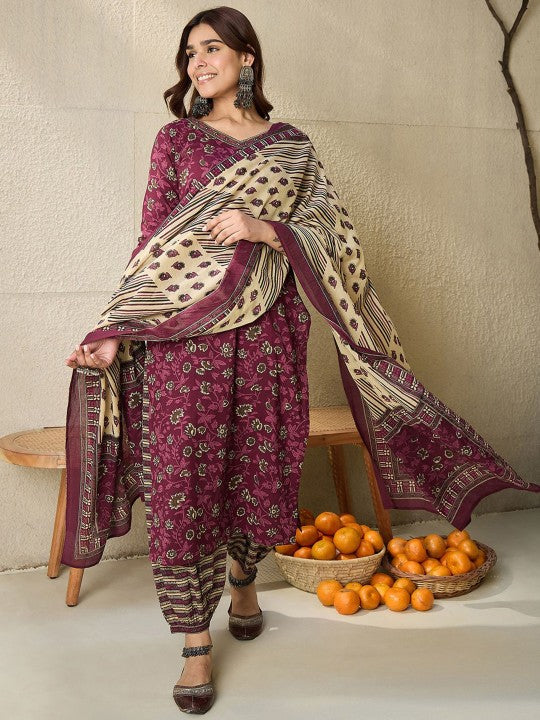 Indo Era Floral Printed V Neck Pure Cotton Kurta With Salwar & Dupatta
