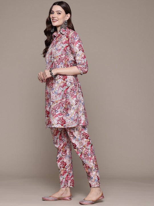 Floral Printed Pure Cotton Tunic With Trousers