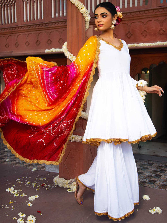 Calmna Women Thread Work Kurta with Sharara & With Dupatta