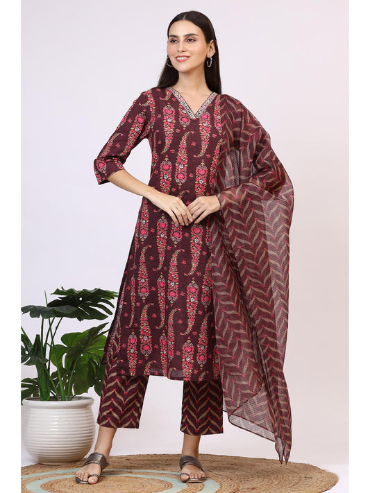 Womens Wine Floral Printed Pure Cotton Straight Kurta with Pant &amp; Dupatta