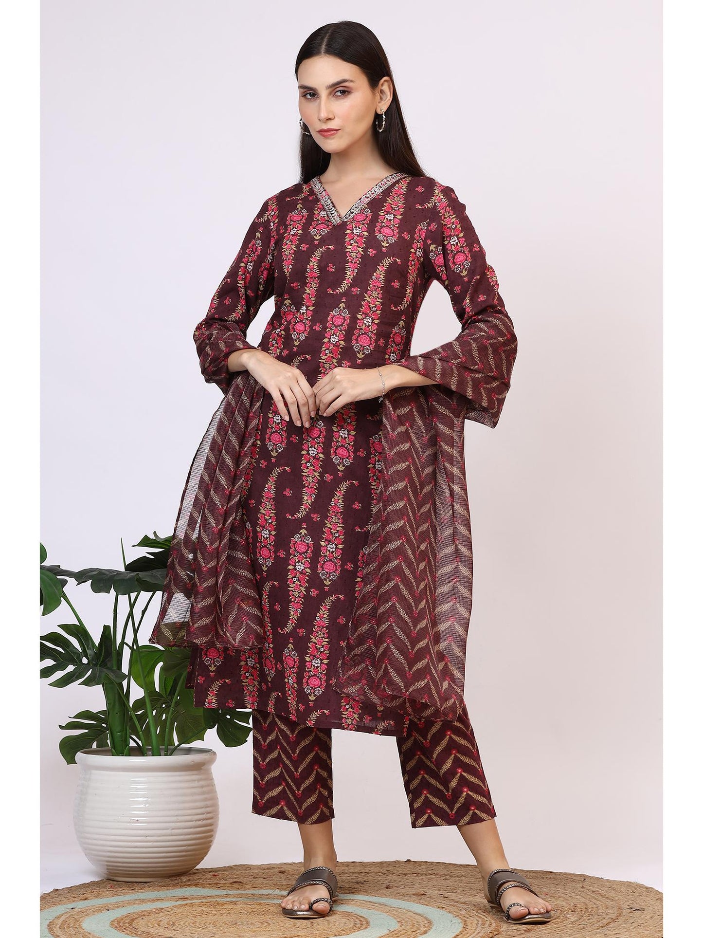 Womens Wine Floral Printed Pure Cotton Straight Kurta with Pant &amp; Dupatta