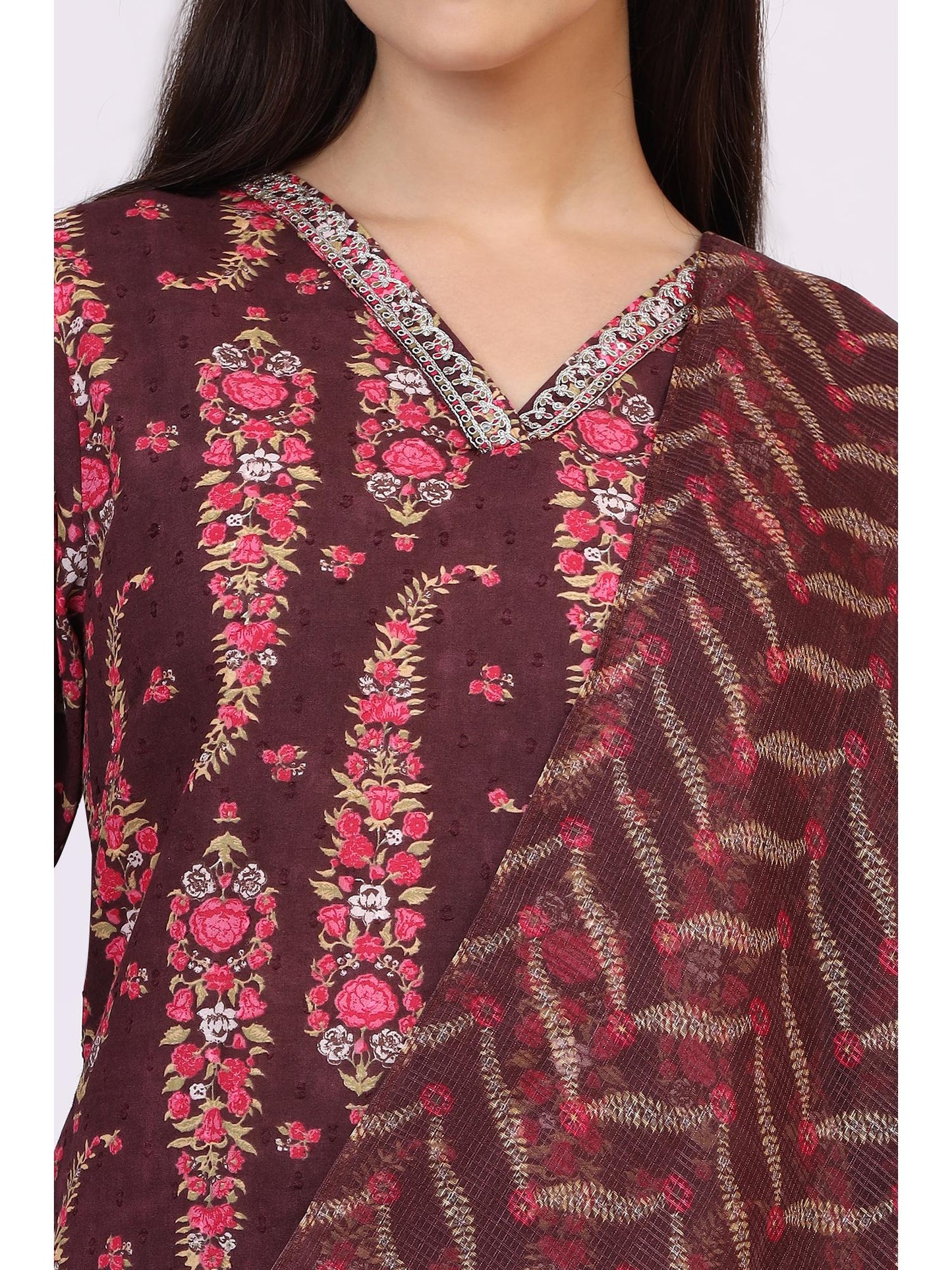 Womens Wine Floral Printed Pure Cotton Straight Kurta with Pant &amp; Dupatta