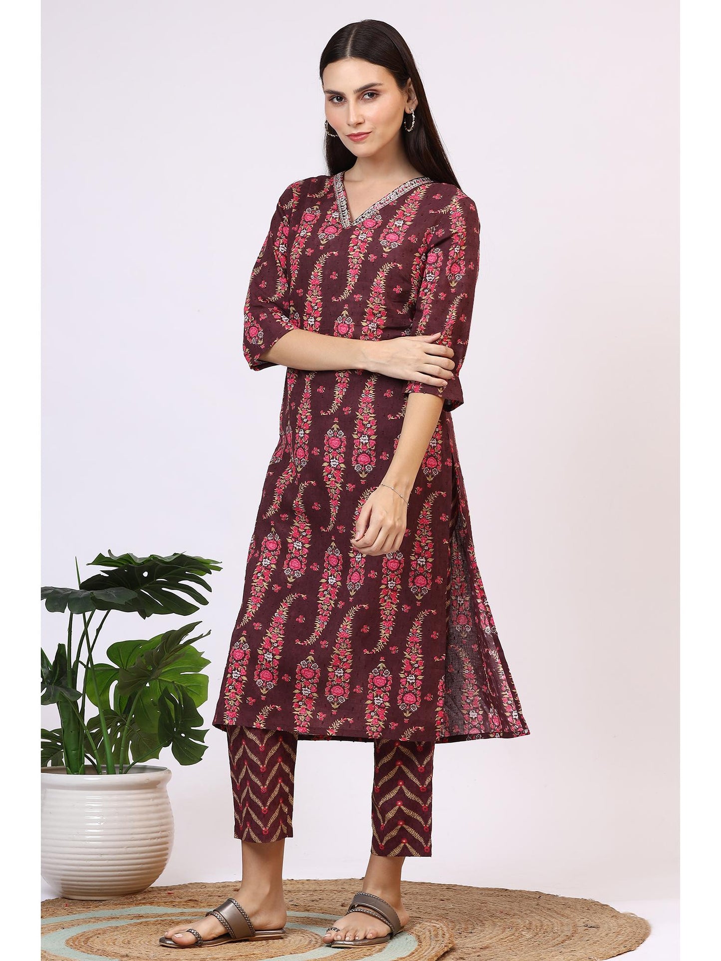 Womens Wine Floral Printed Pure Cotton Straight Kurta with Pant &amp; Dupatta
