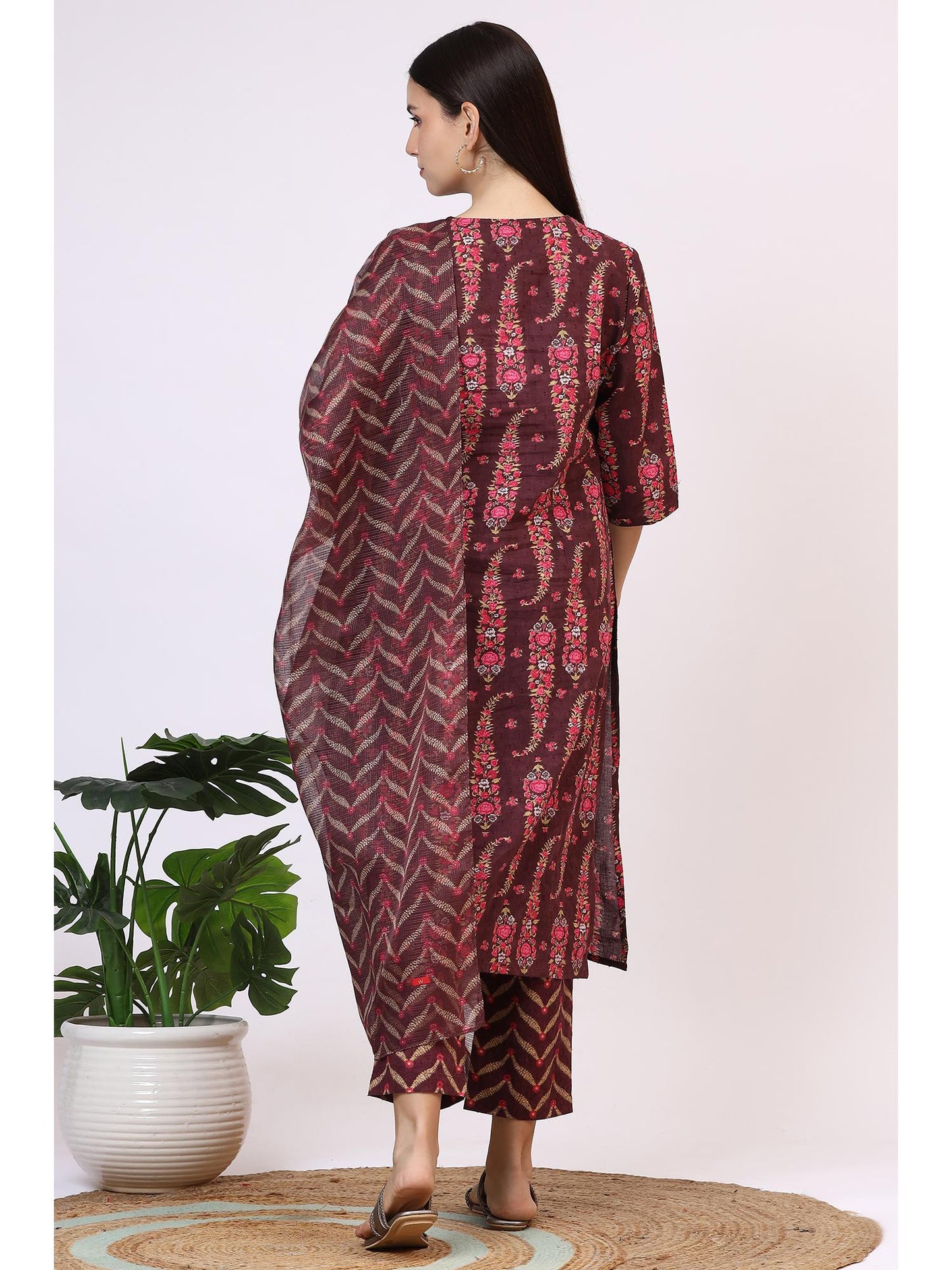 Womens Wine Floral Printed Pure Cotton Straight Kurta with Pant &amp; Dupatta