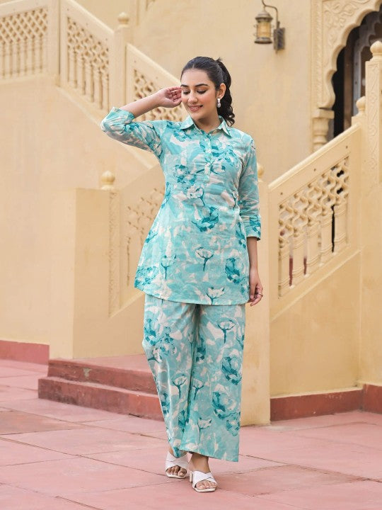 Floral Printed Shirt Collar Pure Cotton Tunic With Palazzo