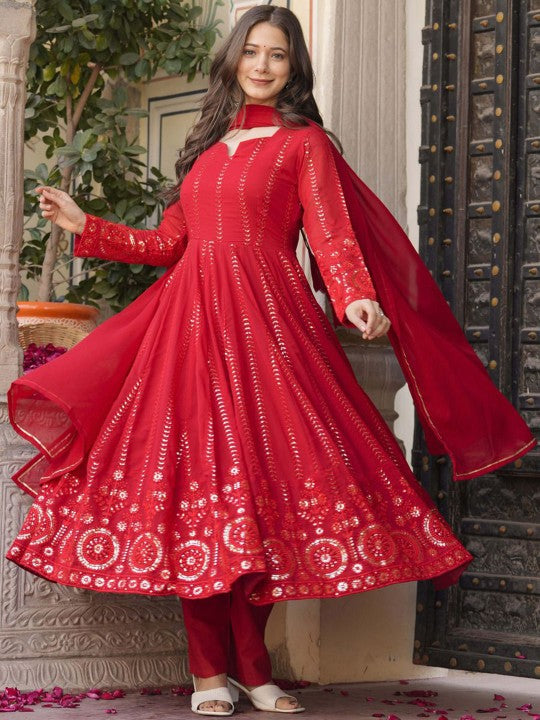 Vama Heritage Floral Embroidered Regular Mirror Work Georgette Kurta