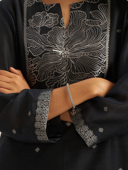 Ganga Floral Woven Design Sequinned Linen Straight Kurta