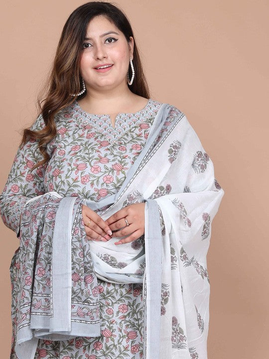 Doriyaan Plus Size Floral Printed V-Neck Straight Pure Cotton Kurta With Palazzos