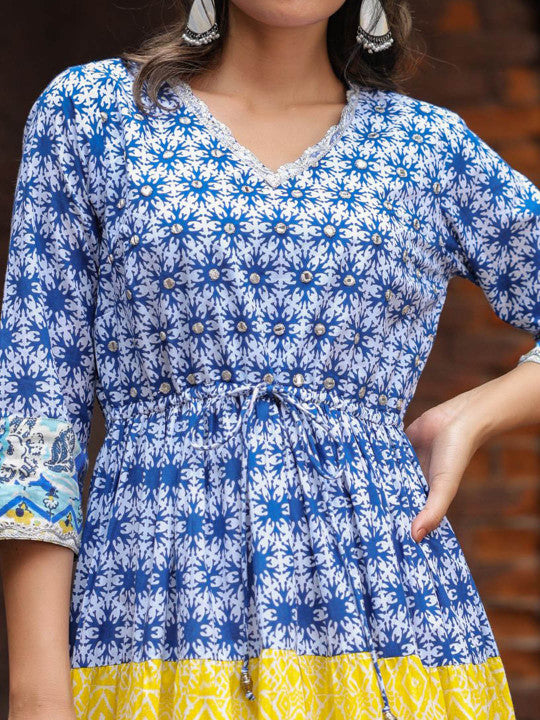 Floral Printed V-Neck Three-Quarter Sleeves Pure Cotton Ethnic Dress