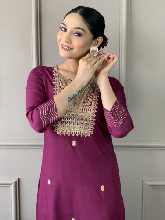 Fabdeal Floral Embroidered Zari Notch Neck Straight Kurta With Trouser And Dupatta