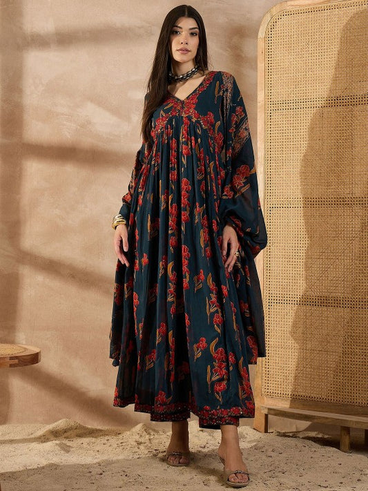 all about you Women Floral Printed Anarkali Kurta with Trousers & Dupatta