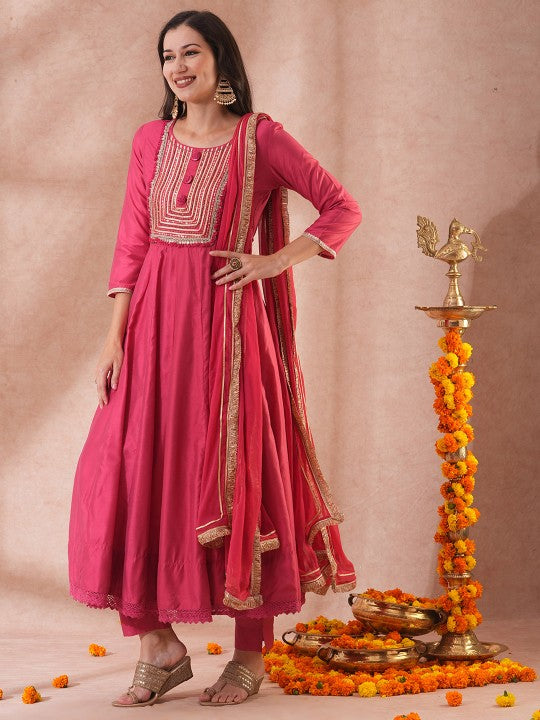 FASHOR Floral Yoke Design Mirror Work Anarkali Kurta