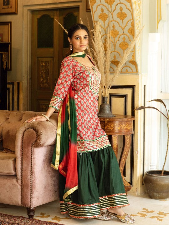 ASHEERA Women Ethnic Motifs Printed Regular Gotta Patti Pure Cotton Kurta with Sharara & With Dupatta