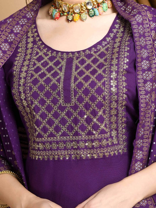 Bhoolft Ethnic Motifs Embroidered Round Neck Sequinned A-Line Kurta With Trouser & Dupatta