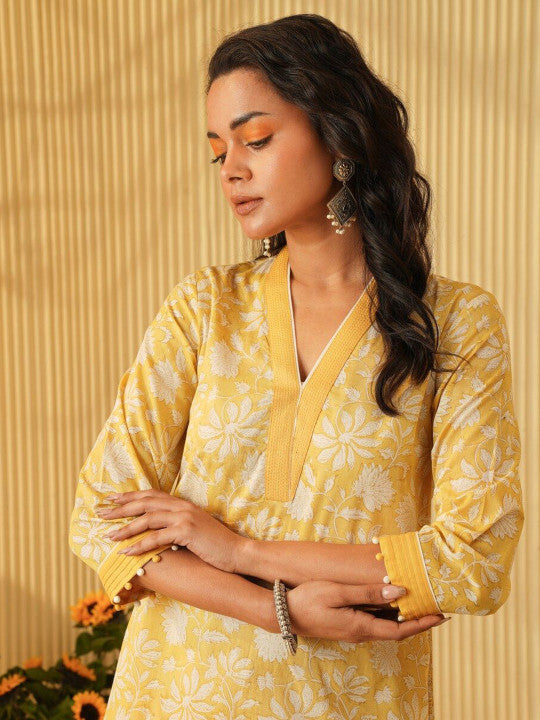 Floral Printed V-Neck Straight Kurta