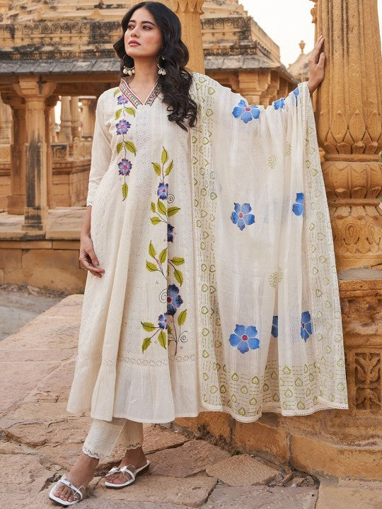 Indo Era Floral Embroidered Mirror Work V-Neck Pure Cotton Kurta With Trousers & Dupatta