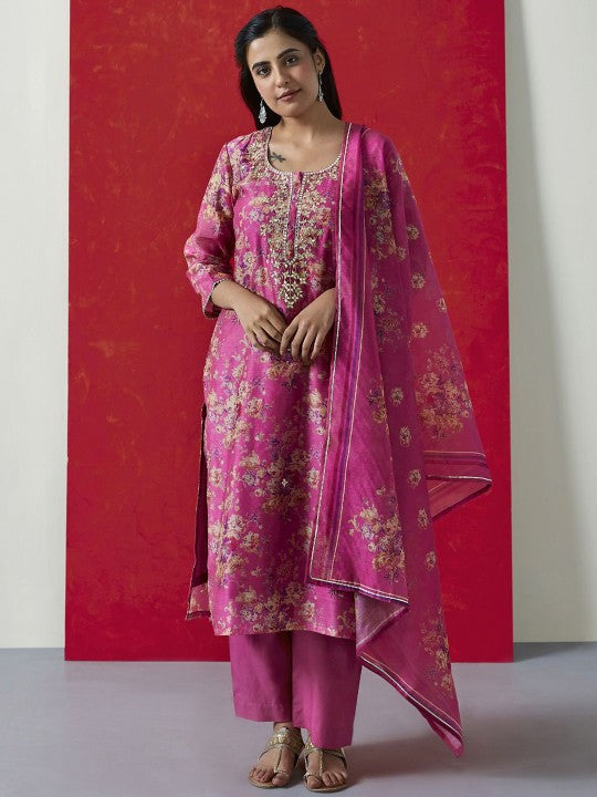 Heritage Floral Printed Round Neck Zari Pure Cotton Straight Kurta & Trouser With Dupatta
