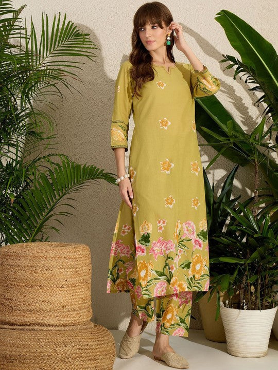 Indo Era Printed Notch Neck Straight Pure Cotton Kurta With Pants