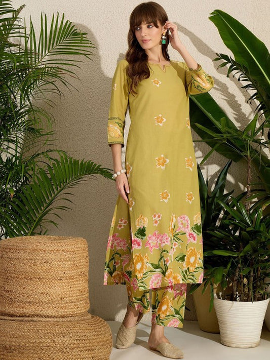 Indo Era Printed Notch Neck Straight Pure Cotton Kurta With Pants