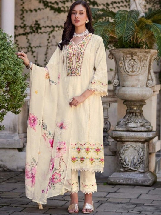 AUTUMN LANE Women Floral Embroidered Regular Sequinned Pure Cotton Kurta with Trousers & With Dupatta