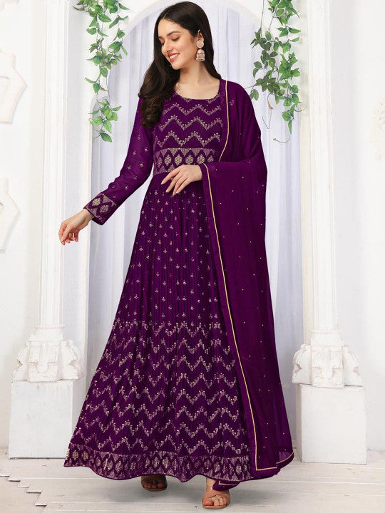 Trendmalls Embroidered Anarkali Sequinned Silk Georgette Kurta with Trousers &  Dupatta