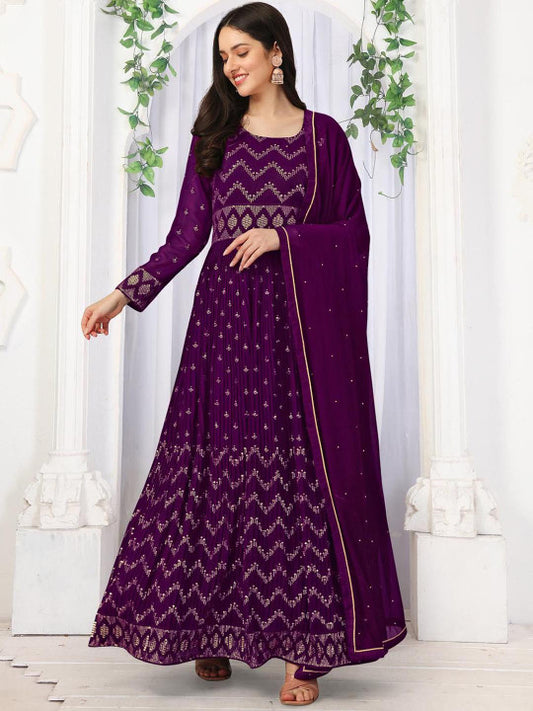Trendmalls Embroidered Anarkali Sequinned Silk Georgette Kurta with Trousers &  Dupatta