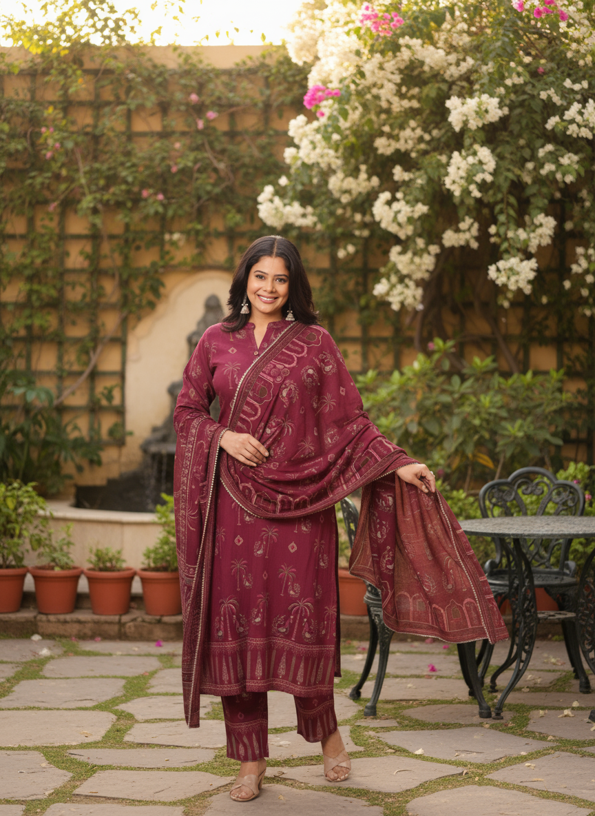 Viscose Peacock Straight Wine Kurta