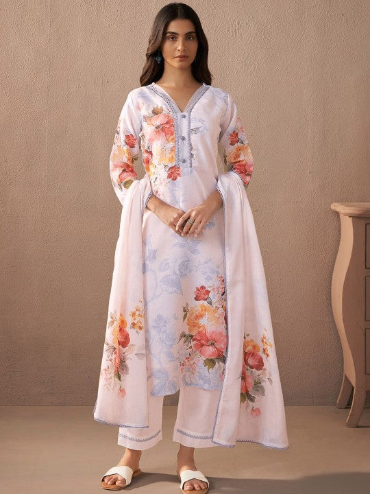 Indo Era Floral Printed Beads and Stones Linen Straight Kurta with Trousers & Dupatta