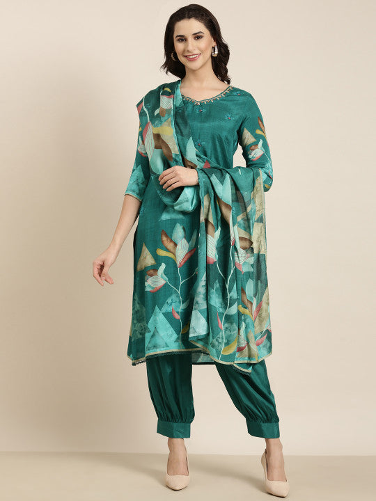 Floral Printed V-Neck Sequinned Kurta with Patiala & With Dupatta