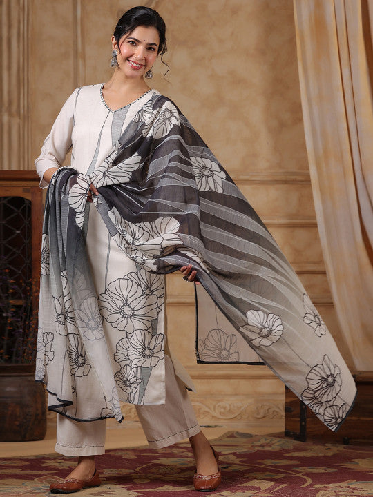 all about you Floral Printed Pure Cotton Straight Kurta with Trousers &  Dupatta