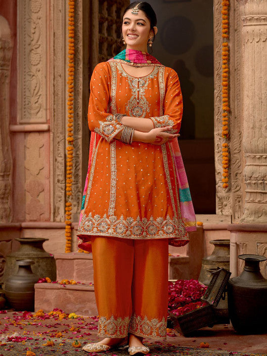 Indo Era Floral Embroidered Panelled Mirror Work A-Line Kurta With Palazzos & Dupatta
