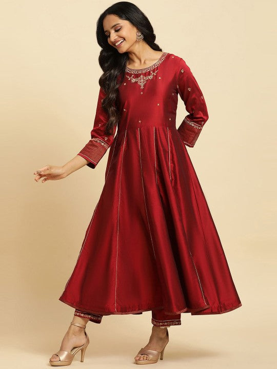 W Floral Embroidered Anarkali Kurta with Trousers & With Dupatta