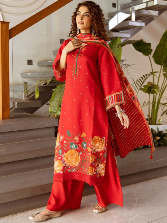 AUTUMN LANE Kabool Scarlet Floral Printed Pure Cotton Kurta With Trousers & Dupatta
