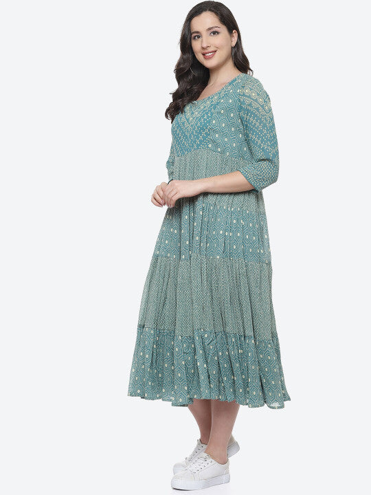 Biba Women Teal & Cream-Coloured Ethnic Motifs Ethnic A-Line Dress