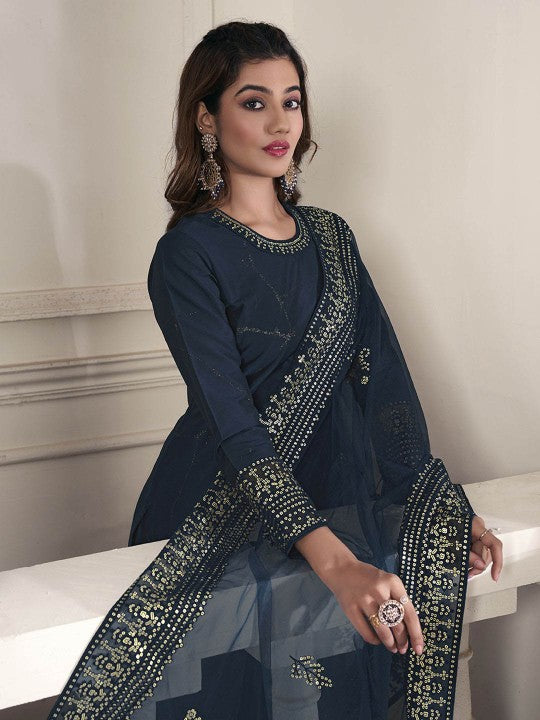 Inddus Abstract Printed Round Neck Sequinned Straight Kurta