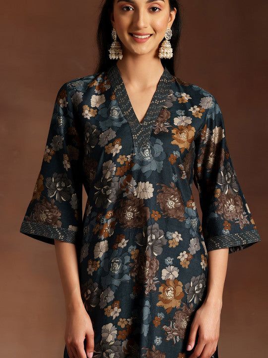 Floral Printed Straight Kurta With Trousers & Dupatta