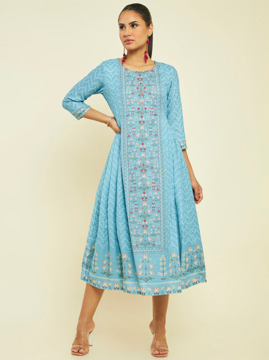 Neck Ethnic Motifs Printed Cotton Fit and Flare Ethnic Dress