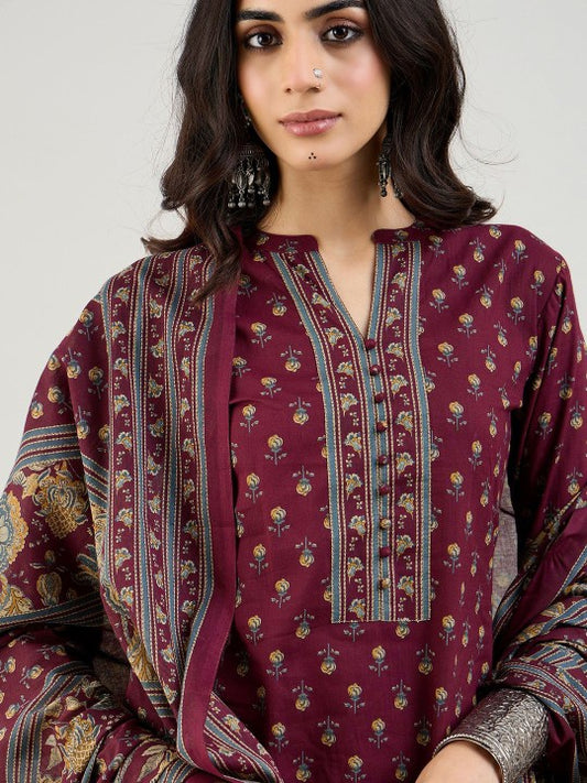 Indo Era Burgundy Floral Printed Mandarin Collar Pure Cotton Kurta with Salwar & Dupatta