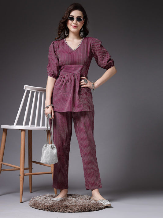 Women'S Wine Thread Work Embroidered Kantha Cotton Co-Ord (Set of 2)