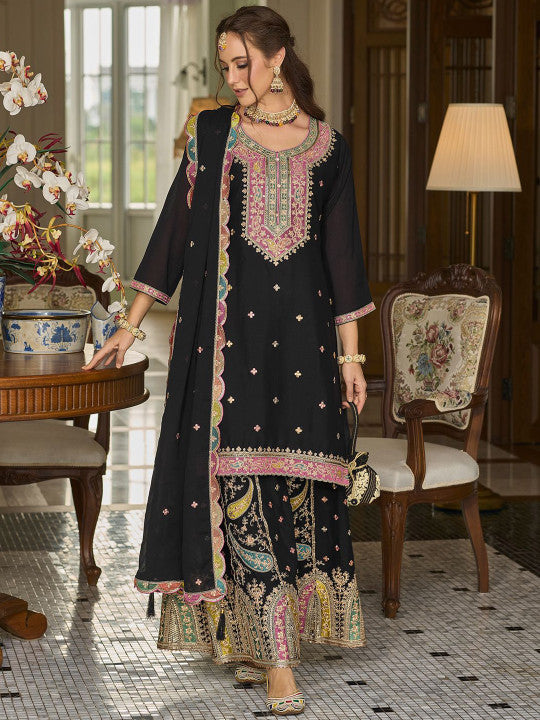 Indo Era Paisley Embroidered Sequinned Straight Kurta With Sharara And Dupatta