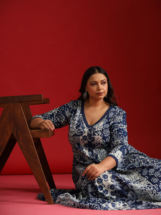 anayna Blue Floral Ethnic A-Line Cotton Maxi Ethnic Dress