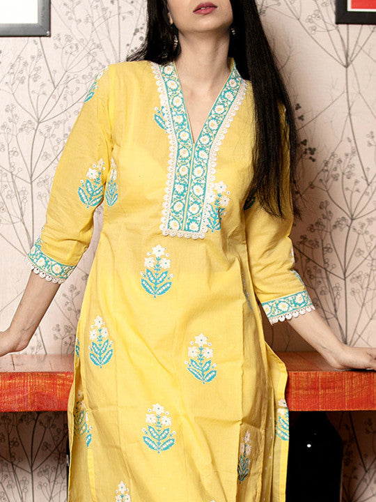 GoSriKi Floral Printed V-Neck Straight Kurta With Palazzos & Dupatta