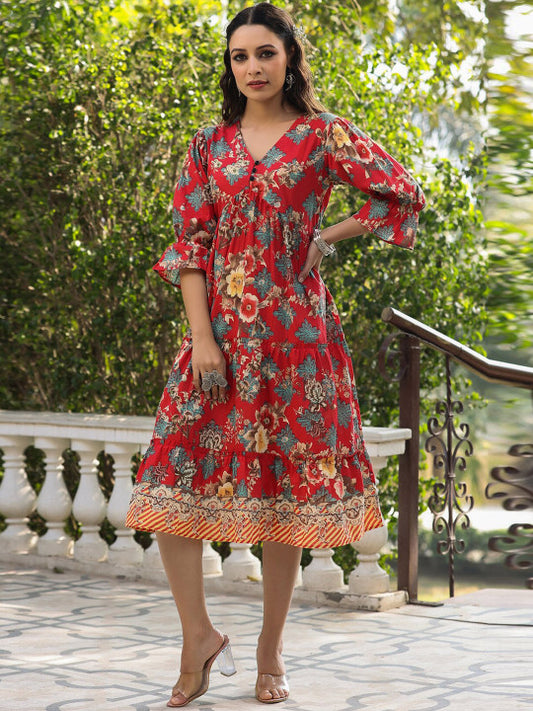 Floral Printed Pure Cotton Knee-Length A-Line Ethnic Dress