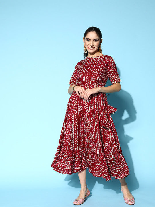 Inddus Maroon & White Boat Neck Bandhani Print Ethnic Midi Dress