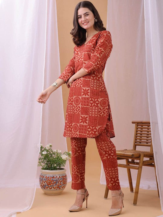 Fourleaf Printed V Neck Top With Trousers Co-Ords