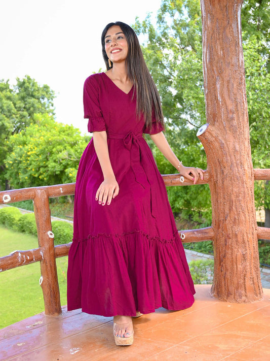 Burgundy Slub Flared Dress