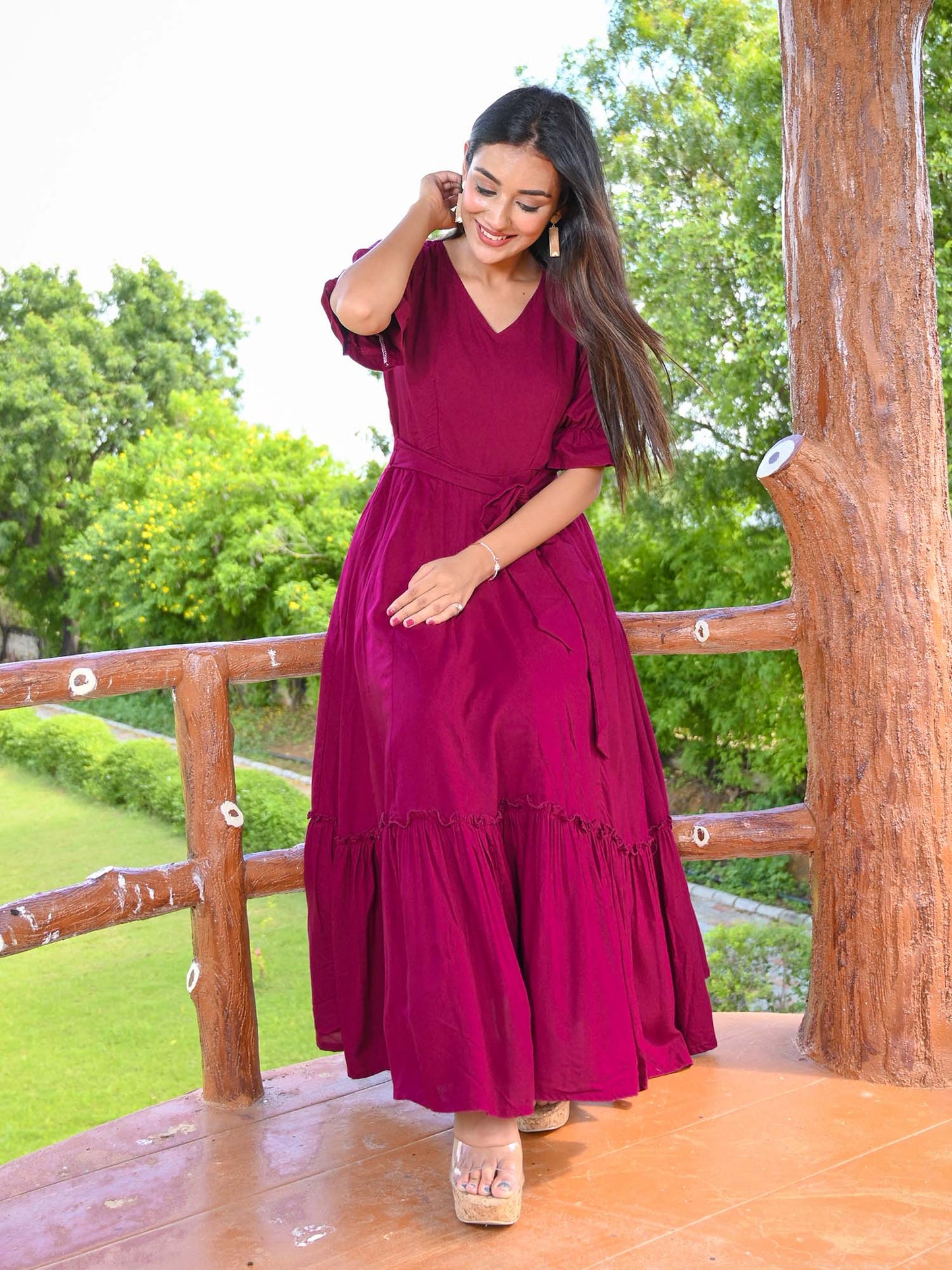 Burgundy Slub Flared Dress
