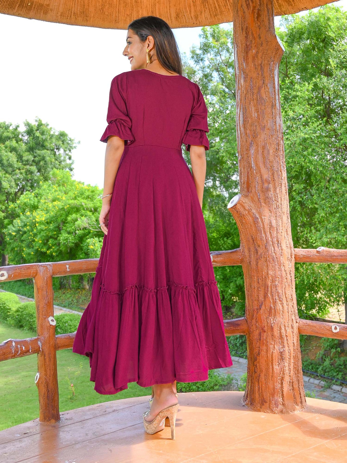 Burgundy Slub Flared Dress