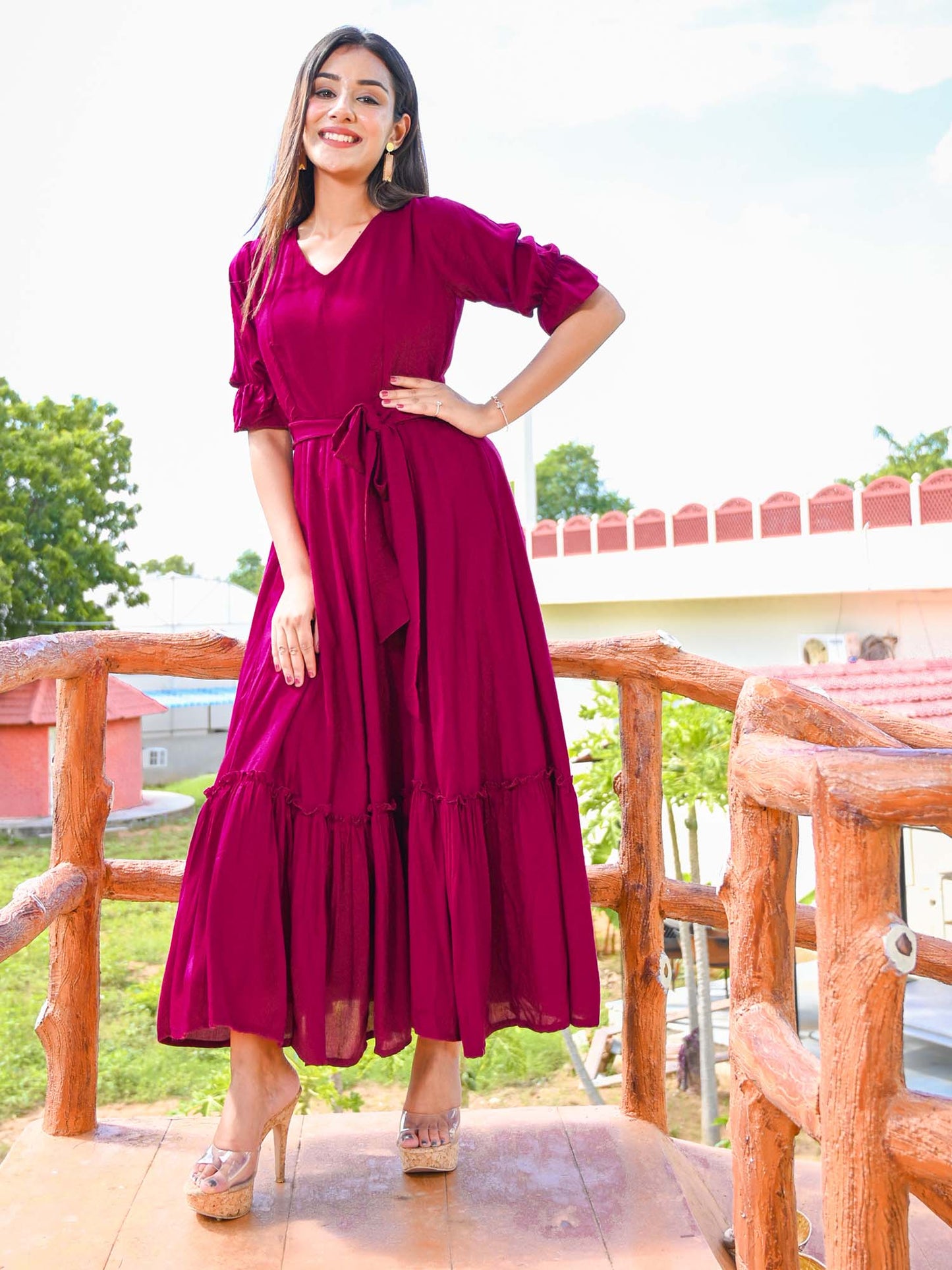 Burgundy Slub Flared Dress