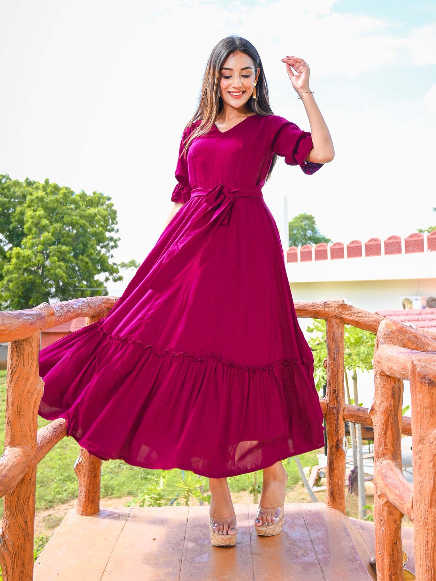 Burgundy Slub Flared Dress